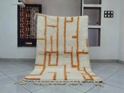 Moroccan Striped Berber Wool Rug Color Orange White Handmade Design Carpet Rug