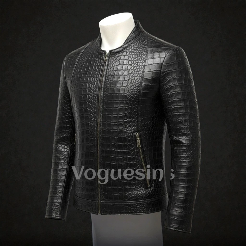 Men's Black Leather Jacket Crocodile Embossed Pattern Alligator Leather Jacket