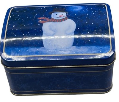 Christmas snowman tin flip lip snow blue white rectangle  4.5x3.5x2'' READ