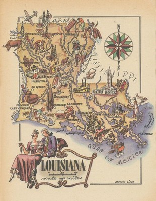 Louisiana kleine Staatskarte von Jacques Liozu 1946 alte Vintage Plankarte