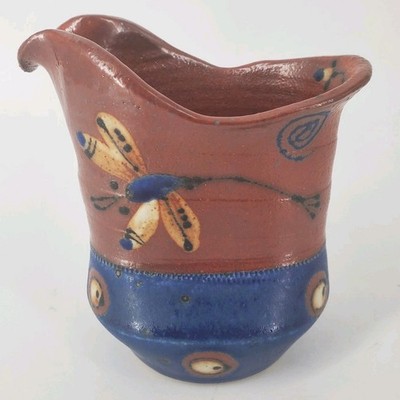 Front Ave Pottery Mary Jo Schmith Dragonfly Creamer Blue Orange Flower Western