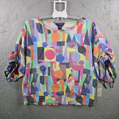 NEW Ali Miles Oversized Top Women Medium Colorful Geometric Print Short Sleeve