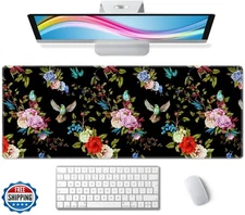 Roses Peony Desk Mat Dark Vintage Aesthetic Desk Pad Birds Black Extended Mou