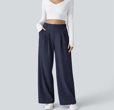 Halara Flex High Waisted Pocket Wide Leg Waffle Work Pleated Pull On Pants S