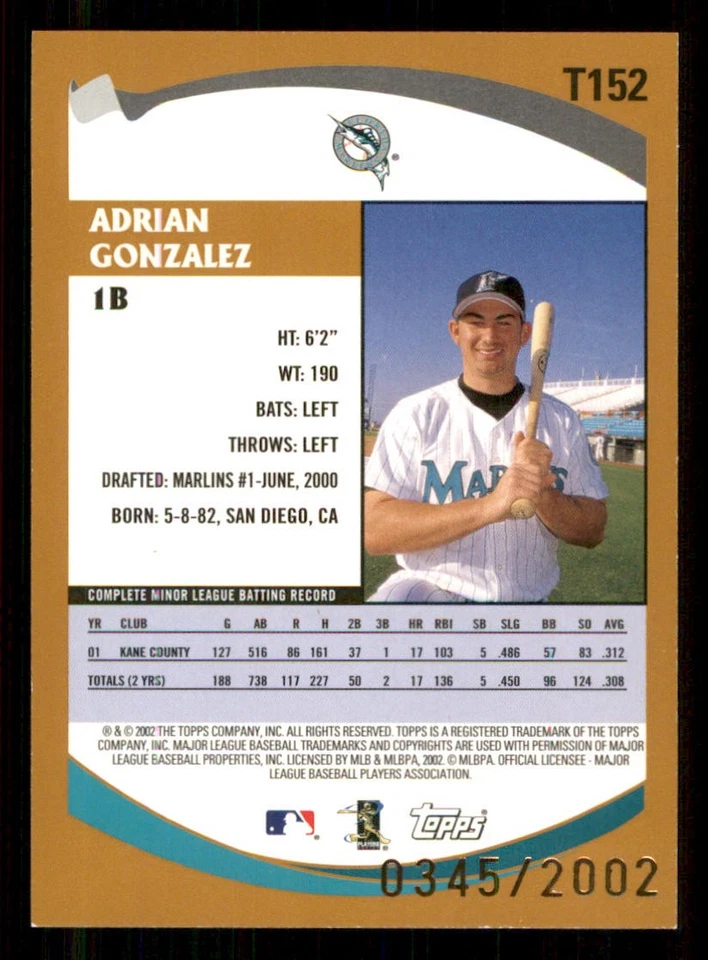 2002 Topps Traded Gold #T152 Adrian Gonzalez /2002 - Image 2 of 2
