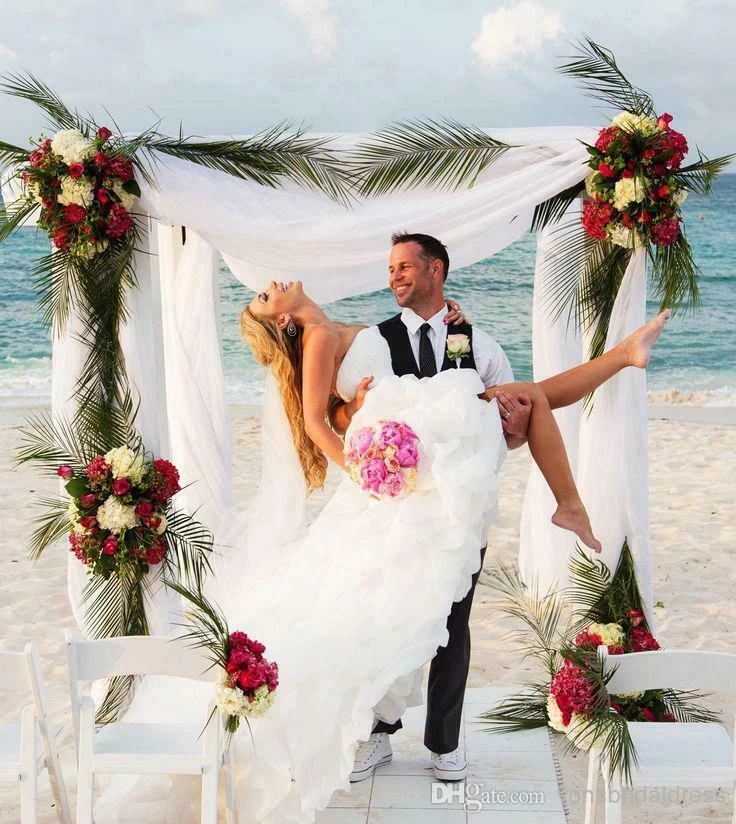 Vestido de novia de organza alto bajo sin tirantes blanco marfil playa boda con cordones costumbre Foto 3 de 4