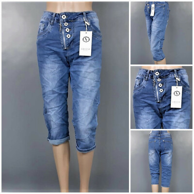 Karostar: Boyfriend Baggy Capri Stretch Jeans blau RV und Knopf 38 - 48