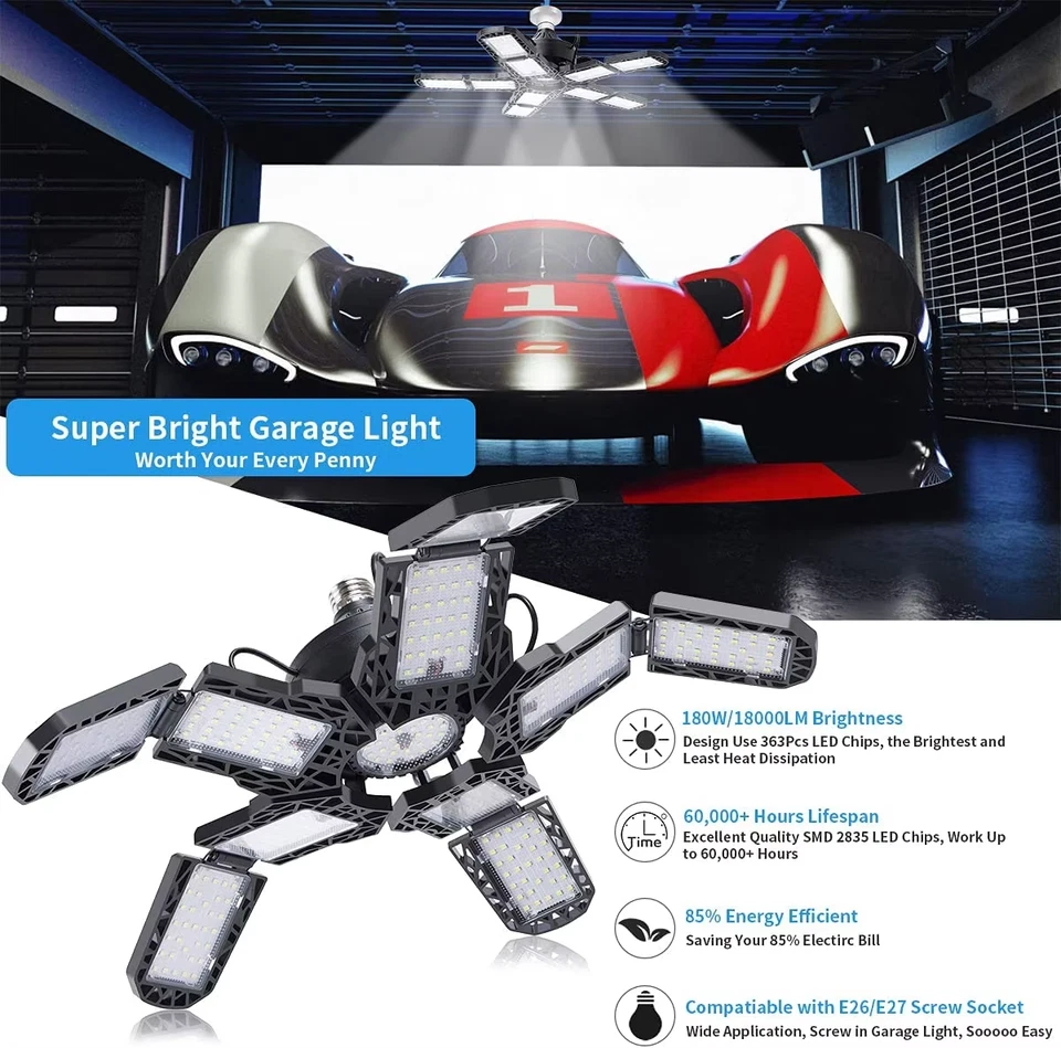 Garage Lights with Adjustable Panels E26/E27 Ceiling Work Lamp 150W 15000 Lumen - Image 4 of 4