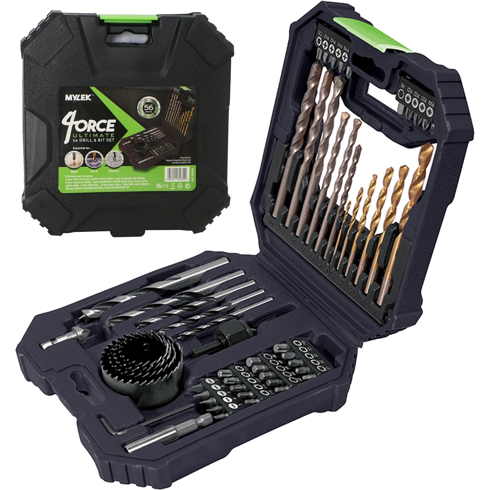 Mylek 56 Piece Drill Bit Set DIY Steel Metal Wood Masonry Screwdriver