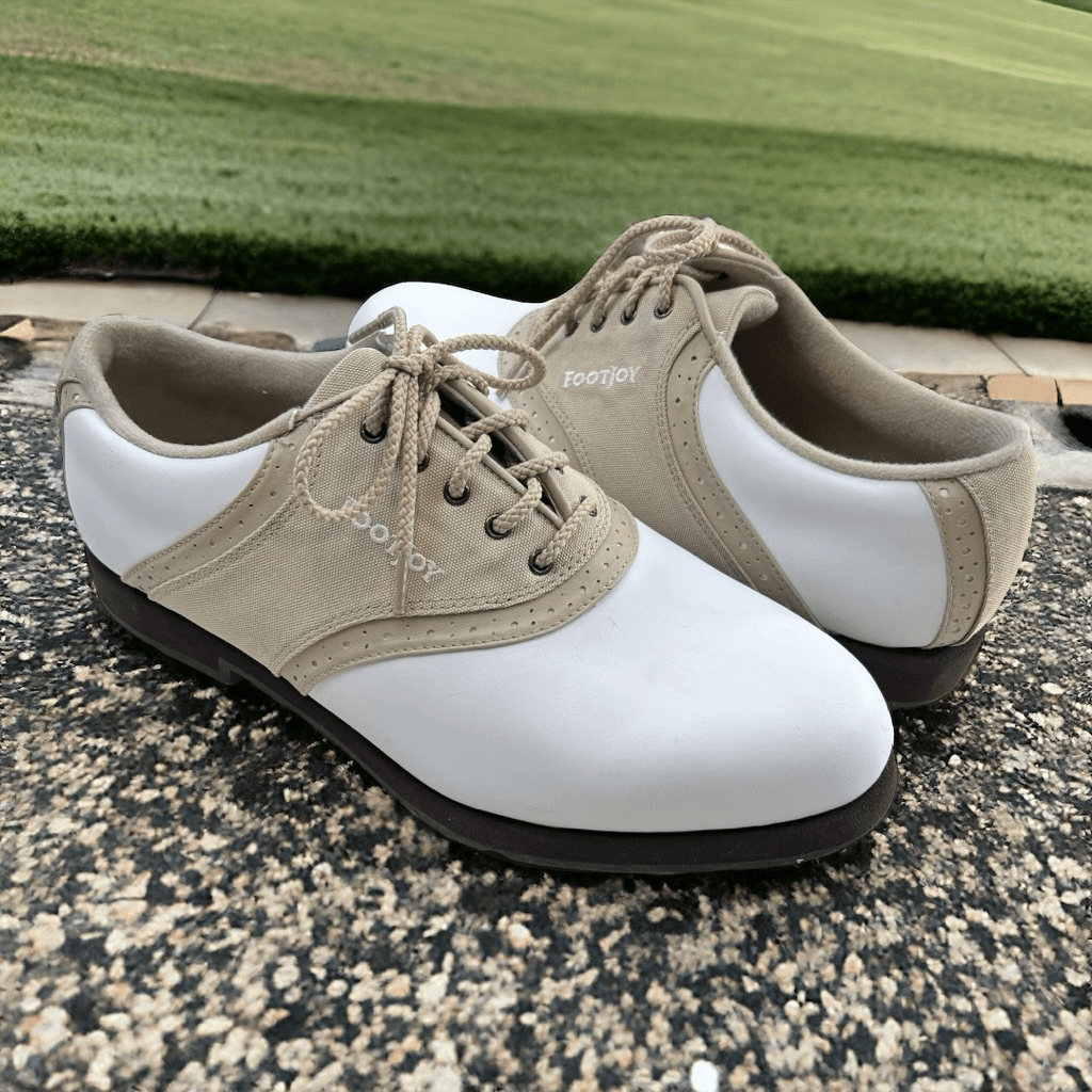Footjoy Greenjoys Women’s Saddle Soft Spike Golf Shoes Tan White Size 8