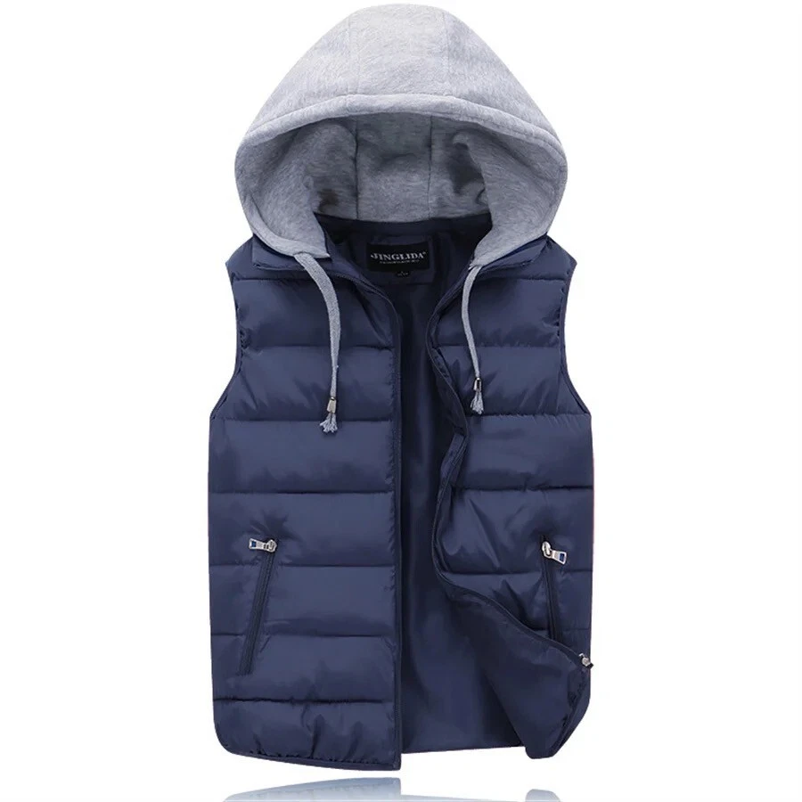 Men’s Small Navy Blue Padded Winter Vest Hooded Outdoor Jacket Coat
