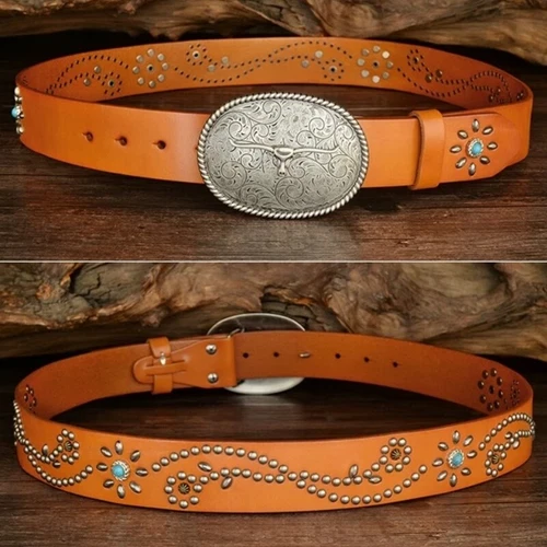 Real Leather Waist Belt Heavy Metal Stone Rivet Studded Unisex Punk Waistband - Picture 21 of 28