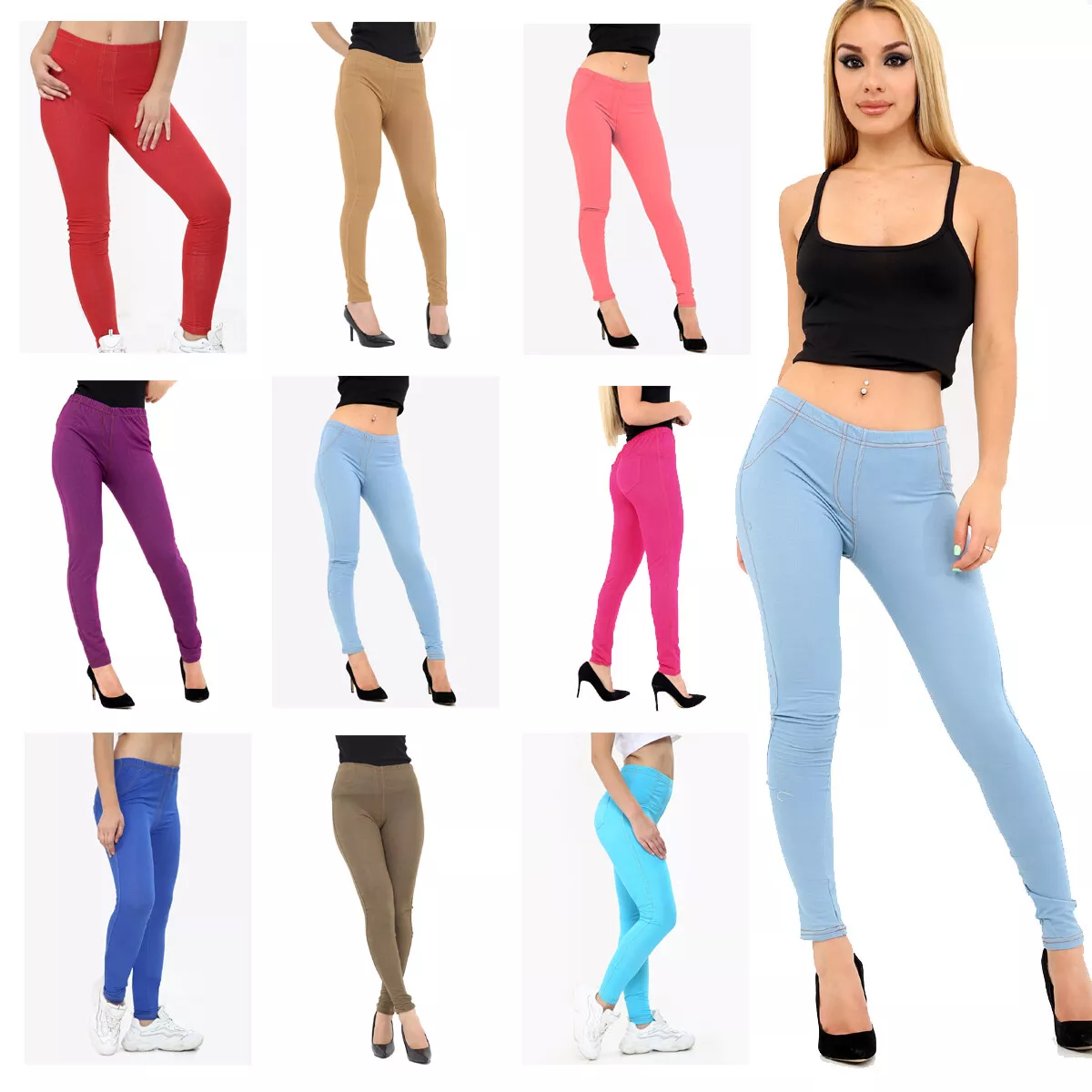 Womens Denim Skinny Fit Jeggings Leggings Stretchy Pants With Back Pockets