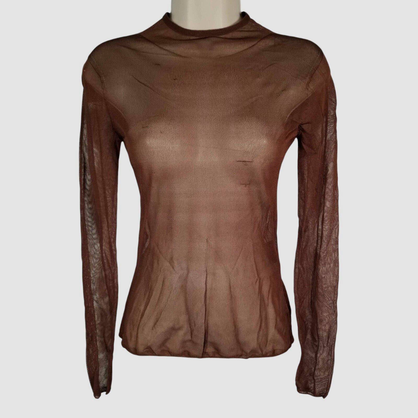 Camicia girocollo Saint Laurent donna marrone seta trasparente manica lunga taglia XS