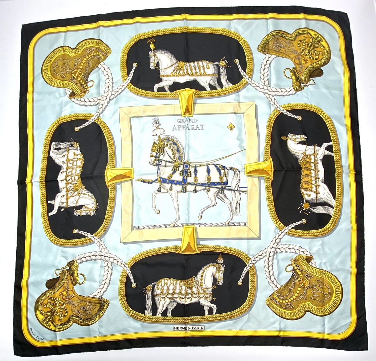 Hermès Silk Scarf 'Grand Apparat' by Jacques Eudel, France 36” x36