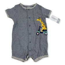 NWT Carters Baby Blue White Striped Giraffe Short Sleeved Romper Snap $16 Sz 6M