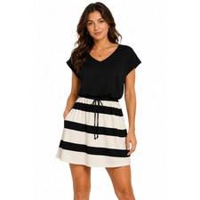 Ofeefan Womens Black White Striped Drawstring Waist Pocket T-Shirt Dress | Large