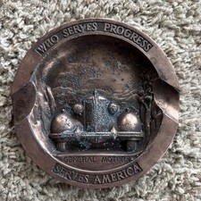 Vintage 1930's GENERAL MOTORS BRASS ASHTRAY Who Serves Progress-Serves America
