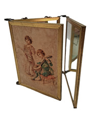 Antique Victorian Trifold Brass Traveling Vanity Dressing Beveled Mirror