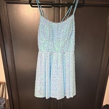 New Trend Blue Sequin V-Neck Strappy Back Tie A-Line Mini Dress S