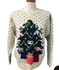 Vintage Eddie Bauer Christmas Tree Wool Sweater '89 Holiday Knit Medium Flawless
