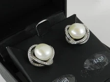 Macy's Cultured Freshwater Pearl (9mm) & Cubic Zirconia Earrings in   Silver