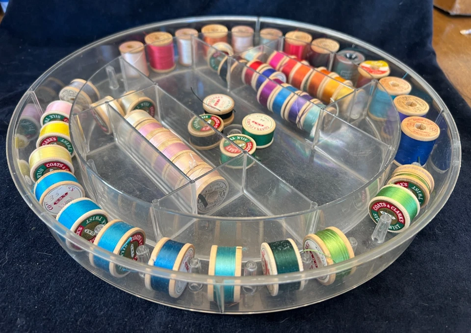 Vintage Silk Thread Lot 54 Wooden Spools Coats Clark Belding Corticelli + Caddy - Image 4 of 4