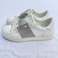 Auth Valentino Garavani Open Sneakers Gray Patent Stripe Rockstud Low EU 7.5