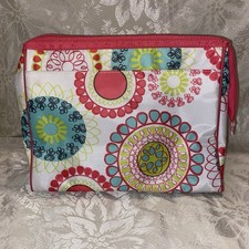 31 Thirty-One Travel Makeup Bag White Colorful Retro Print Mirror Zip Pockets