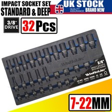 32Pcs Standard & Deep Impact Socket Set 3/8" Drive 6 Point 7MM - 22MM Adapters