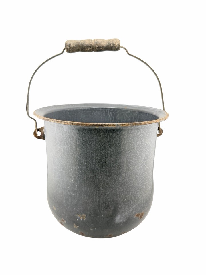 Bucket Gry Vintage Gray Graniteware Enamelware Bucket Pail Wood Handle Farmhouse ...