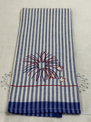 Kitchen Dish Towel, Cotton, Woven Stripes, Stars, Fireworks, Blue, White