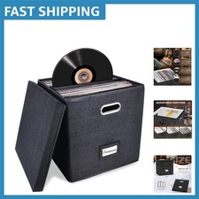 Sturdy Vinyl Record Storage Box Compact Organizer for 50 Albums, Black Linen