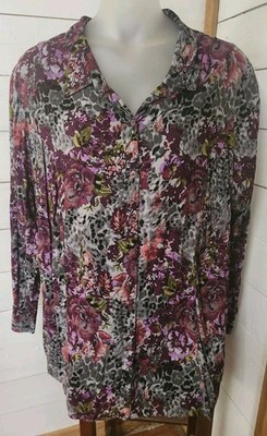 White Stag Blouse Womens Plus 4X 26/28W Floral Collared Button-Up Burgandy 