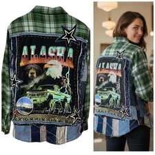 Upcycled Flannel Shirt Shacket Womens Large Alaska Grunge Patchwork Folk Art
