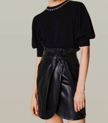 $495 Ba&sh Women Black Leather High Tie Waist Wrap A-Line Mini Skirt US 6 Size S