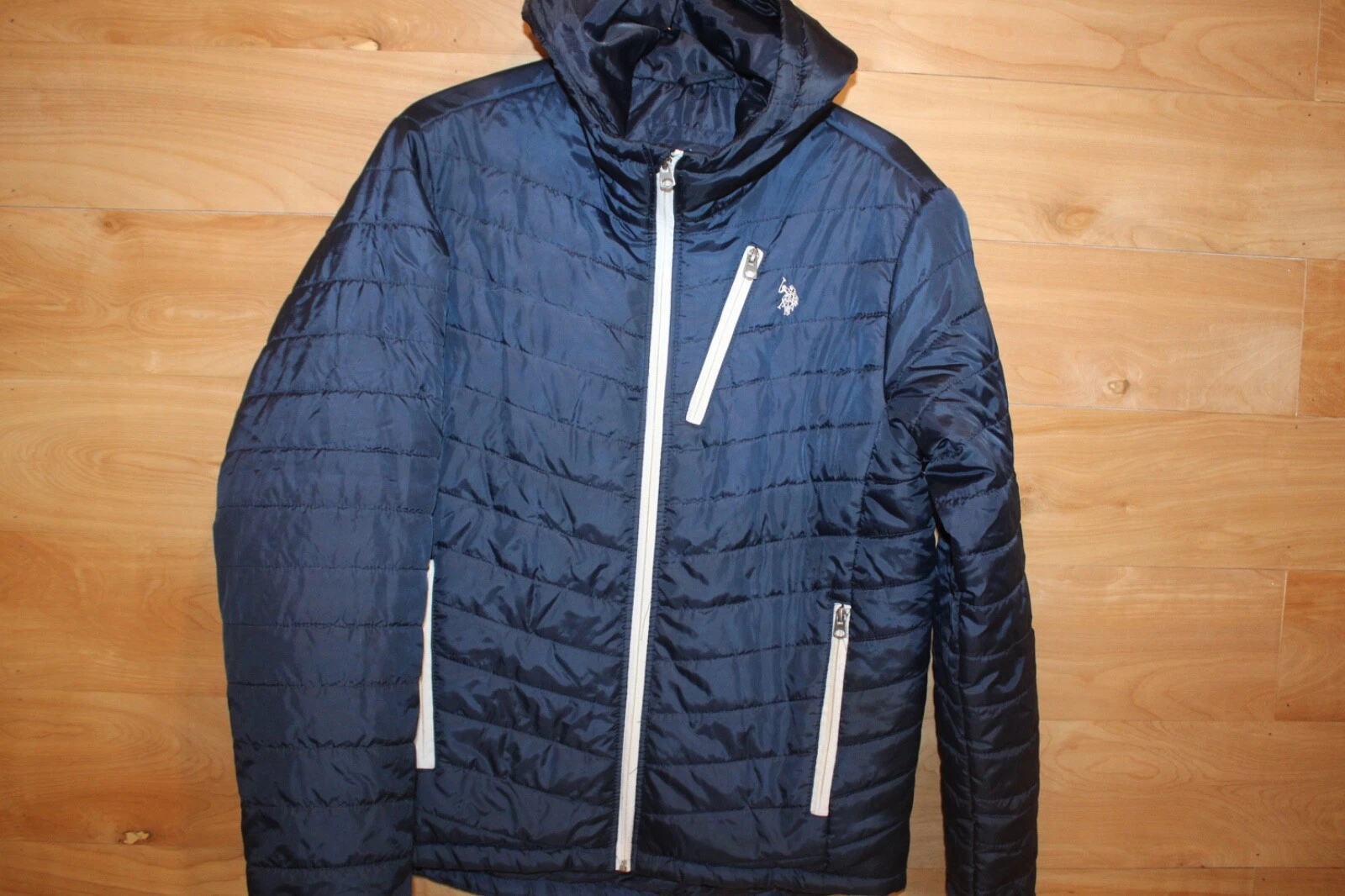 U.S. Polo Assn. Mens Blue Hooded Puffer Jacket Coat Zippers