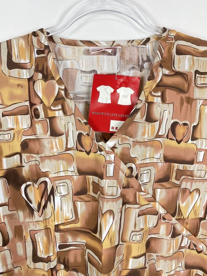 Delta Scrub Top Women's Size M Tank Brown Hearts Mock Wrap Gathered 2PKT NWT - Image 2 of 4