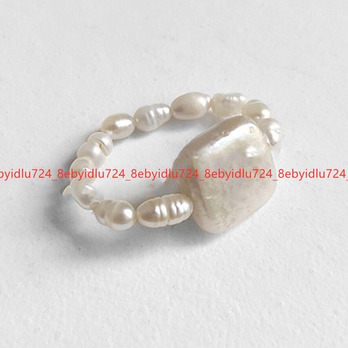 Natural White Freshwater Baroque Square Pearl Circle Adjustable Stretch Rings - Picture 11 of 12