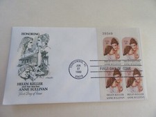 Helen Keller 13c Plate Block of Four Stamps Fdc Sc#1824 Artmaster Cover #3