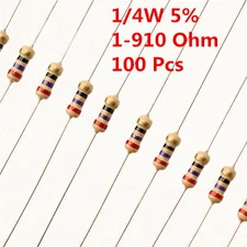 100Pcs 1/4W 0.25W Carbon Film Resistor ±5%  1 - 910 Ω Ohm 1R - 910R 