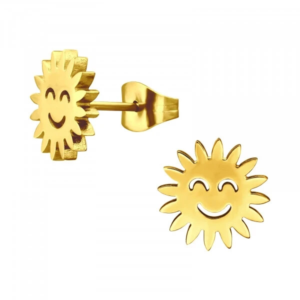 Alternate view of Smiley Face Sun Earrings Surgical Stud Gold Plated Earrings