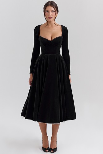 HOUSE OF CB 'Mademoiselle' Black Velvet Tulle Midi Dress S 8/10 A-C 4032