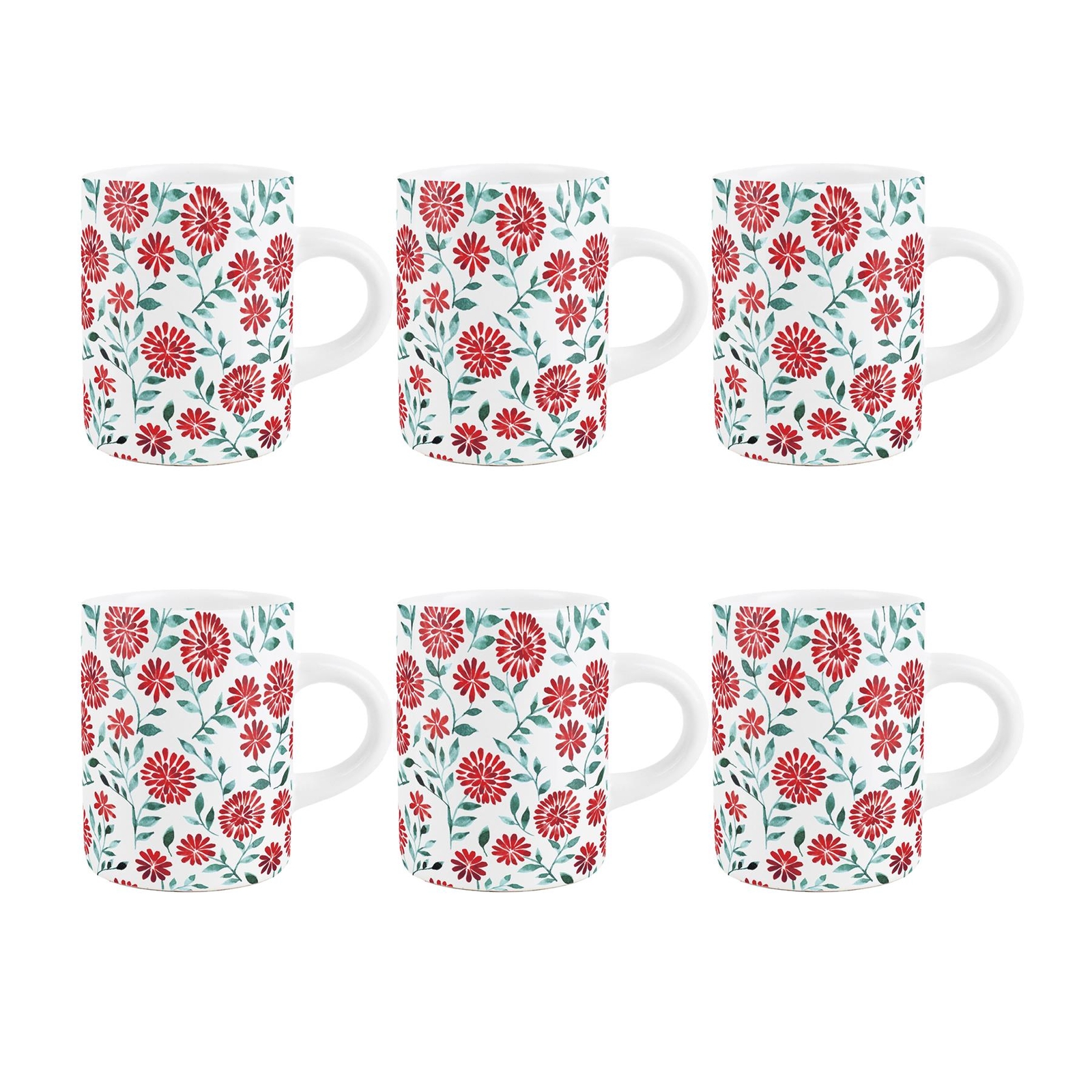 Red Flowers Espresso Cups Set of 6 - Pretty Ceramic Small Mugs Gifts for Her