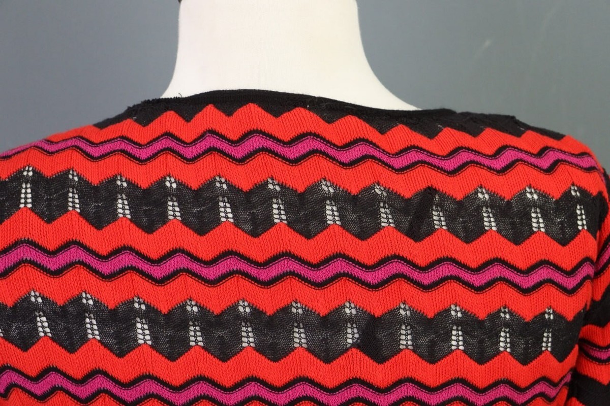 MISSONI Dress Red Black Striped Short Sleeve Knit Shift Midi