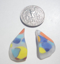 Sea Glass, Two Small Multi Color Baby Blue Orange Yellow