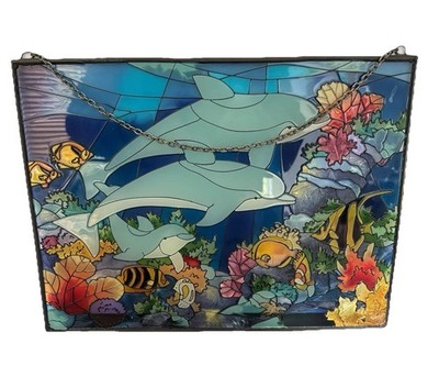 Vtg Handcrafted Stained Glass Dolphins Ocean Fish Scene Suncatcher 12'' x 9''