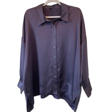 Eileen Fisher Size M Relaxed Fit Hammered Silk Satin Shirt Purple Dolman Sleeve