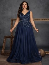 Plus Size Luxury Sequins V-neck Evening Dresses Elegant Sleeveless Formal Prom