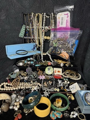 Costume Jewelry Lot Rhinestone Brooch Blue Moon Bakelite Jade Bangle Coro 7 Lbs